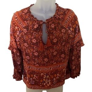 Aeo American Eagle Floral Boho Blouse Top w/ Tassel Women SP Small Petite